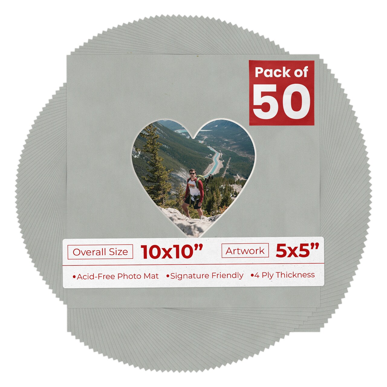 Light Grey Suede Mat Board for 10x10 Frames - Heart Opening for 5x5 Photos